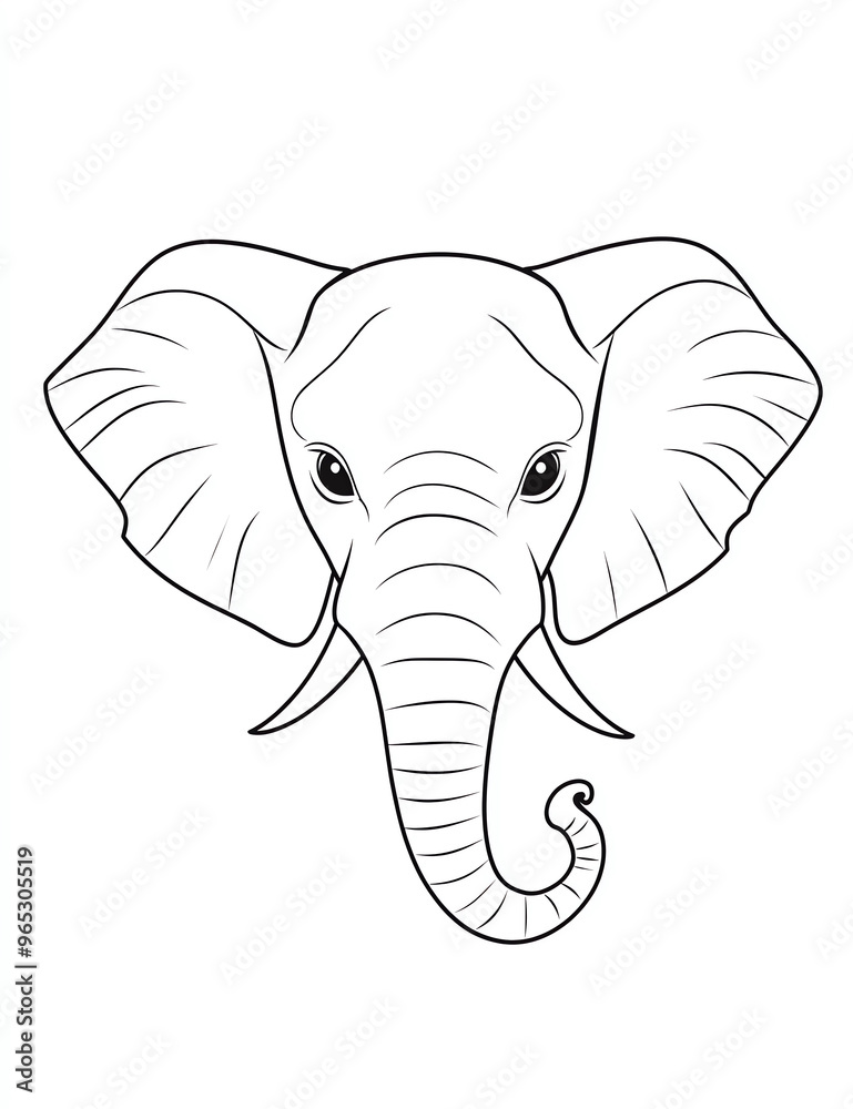 A simple line drawing of an elephant's head, with clear outlines suitable for coloring book pages, without shadows or color fill A simple line drawing of an elephant's head, with clear outlines suitable for coloring book pages, without shadows or color fill