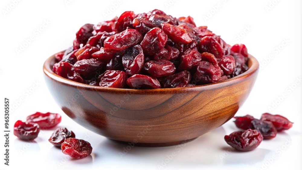 A bowl filled with vibrant red dried cranberries is placed on a white background at a tilted angle, vibrant, white background, bowl, red A bowl filled with vibrant red dried cranberries is placed on a white background at a tilted angle, vibrant, white background, bowl, red