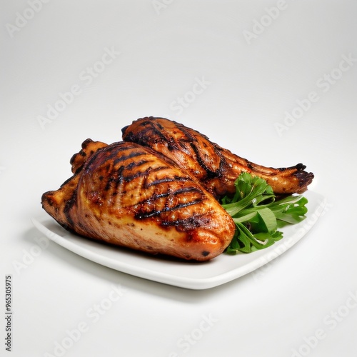 Grilled whole chicken with garnish on white plate..