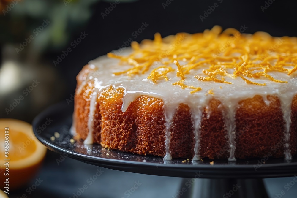 A moist orange ricotta cake topped with a light glaze, garnished with fresh orange zest