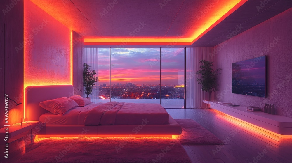 Contemporary bedroom with holographic relaxation guide and vibrant sunset view at dusk Contemporary bedroom with holographic relaxation guide and vibrant sunset view at dusk
