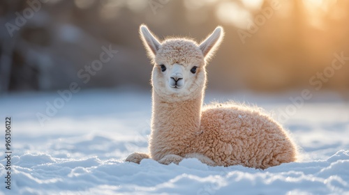 Cute Alpaca in Winter Snow.