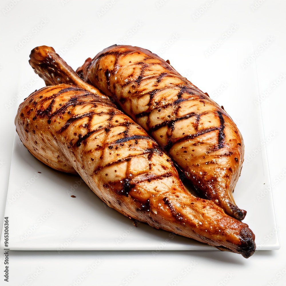 Grilled whole chicken with garnish on white plate.. Grilled whole chicken with garnish on white plate..