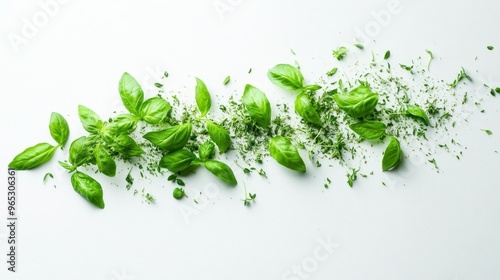 Fresh Basil and Thyme Leaves Scattered on White Background