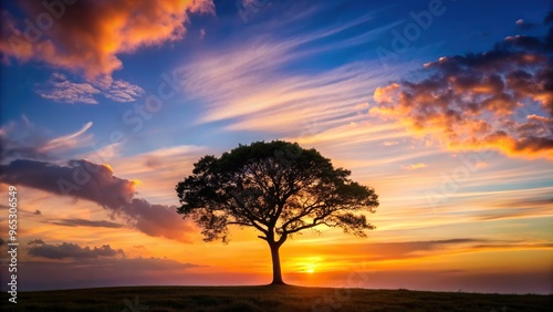 Silhouette of a tree stands tall against a beautiful sunset backdrop captured from a high angle perspective, tree, evening, nature, horizon, beauty, vibrant, sky, orange,silhouette