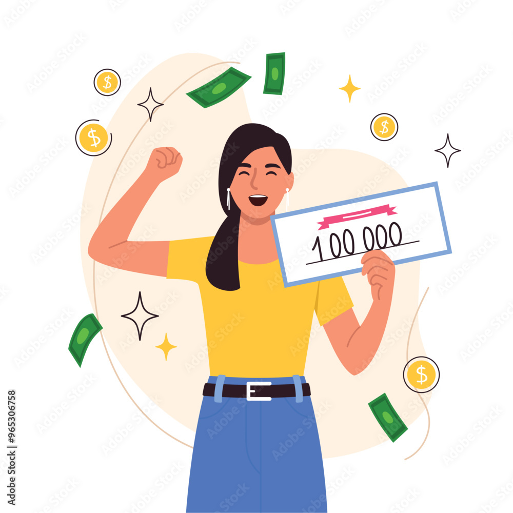 Vector illustration of a happy girl won a prize. Cartoon scene of a joyful girl dressed in a yellow T-shirt and blue pants, a belt, won a cash prize, gold coins,banknotes isolated on white background. Vector illustration of a happy girl won a prize. Cartoon scene of a joyful girl dressed in a yellow T-shirt and blue pants, a belt, won a cash prize, gold coins,banknotes isolated on white background.