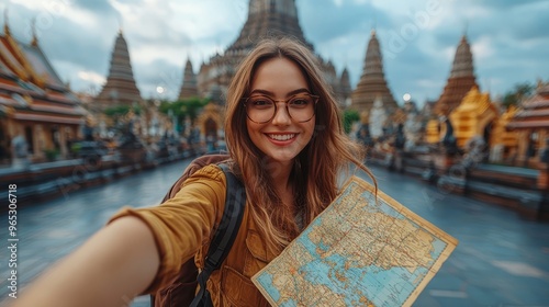 Happy Tourist Taking Selfie in Front of Ancient Temple
