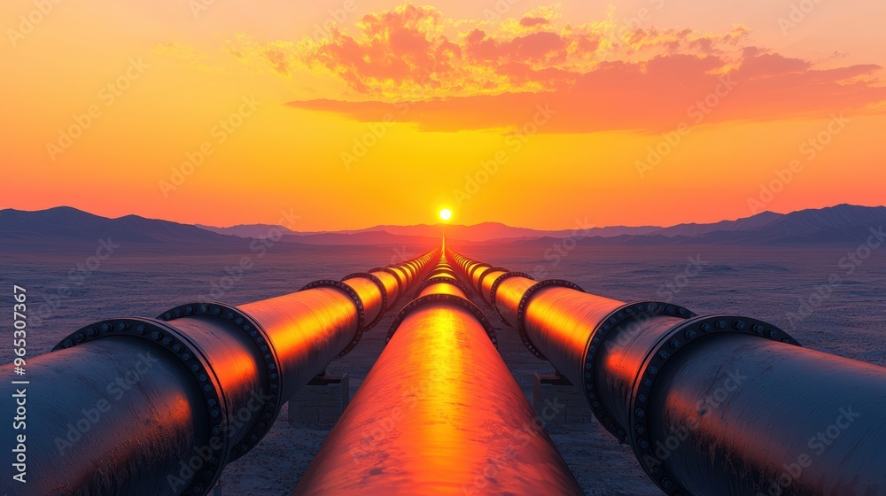Tranquil Sunset Casting Warm Light on Isolated Oil Pipeline in Remote Terrain - High Detail 8K Image with Copy Space for Text Tranquil Sunset Casting Warm Light on Isolated Oil Pipeline in Remote Terrain - High Detail 8K Image with Copy Space for Text