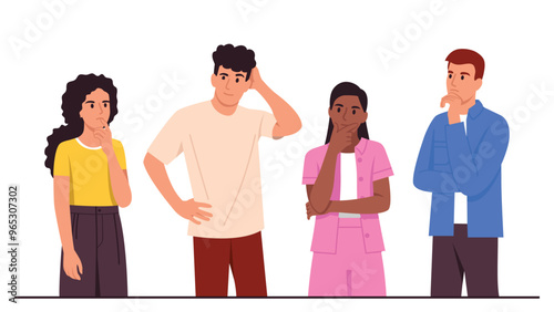 Vector illustration of a conceived group of young people.Cartoon scene of thoughtful boys and girls, light and dark-skinned, stylishly dressed, touching chins and heads isolated on a white background.