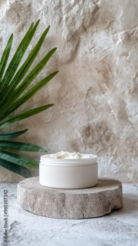 Natural cream jar on stone pedestal with palm leaf and textured wall background photo