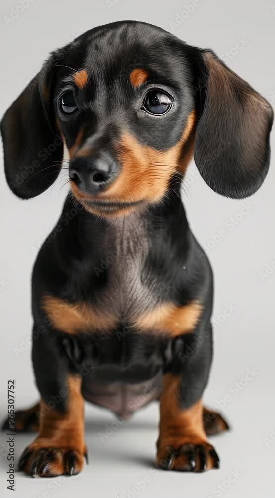 A small black and brown dog with brown eyes is looking at the camera. The dog is standing on a white background A small black and brown dog with brown eyes is looking at the camera. The dog is standing on a white background