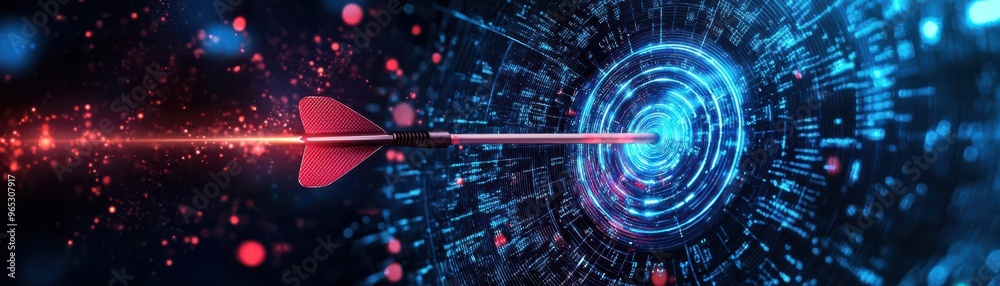 Fototapeta premium Digital target with a dart hitting the bullseye, representing precision in technology, data, and cybersecurity