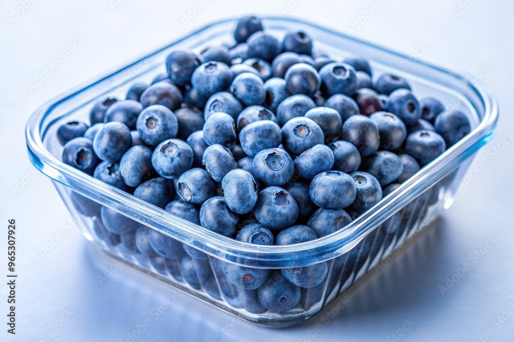 nutrition, harvest, snack, blueberries, ripe, plastic container, Fresh blueberries piled high in a transparent plastic container photographed from a unique worm s eye perspective