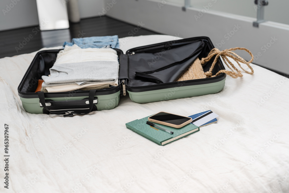 An open suitcase, a mobile phone, a passport and a credit card lie on a bed in a hotel room. An open suitcase, a mobile phone, a passport and a credit card lie on a bed in a hotel room.