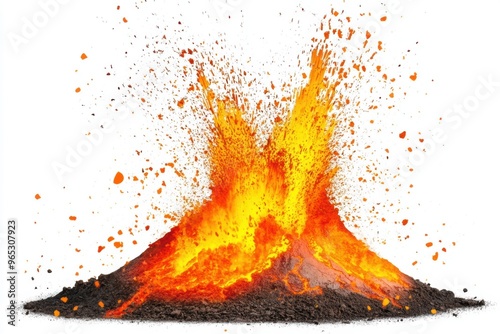 Erupting volcano with vibrant lava explosion isolated on white photo