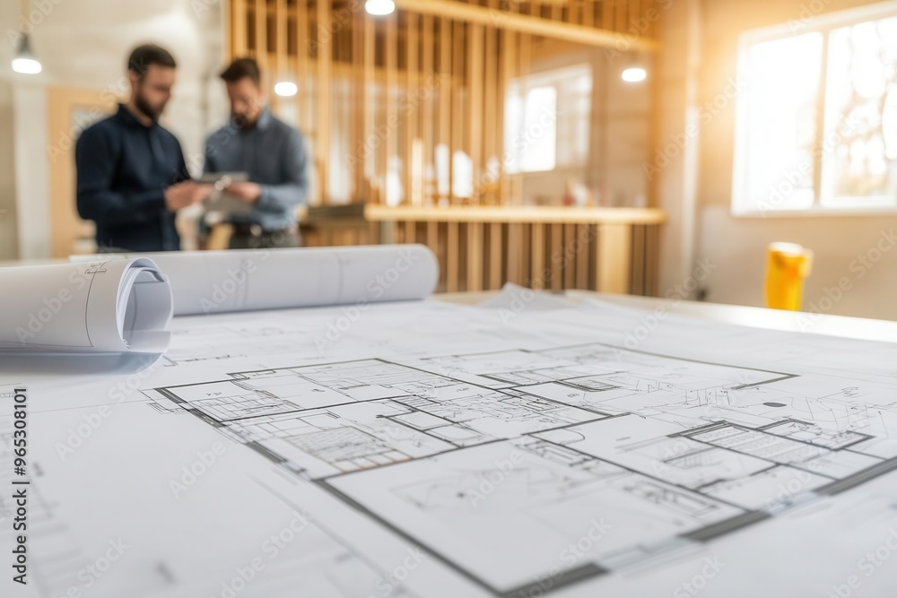 Contractors and architects collaborating in a modern office, reviewing floor plans for an energy-efficient home with eco-friendly construction materials Contractors and architects collaborating in a modern office, reviewing floor plans for an energy-efficient home with eco-friendly construction materials