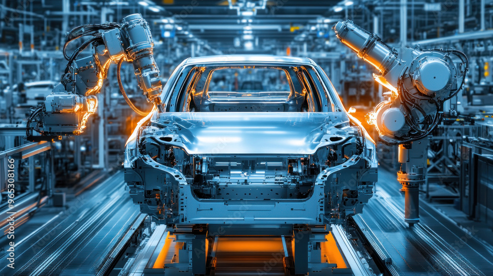A car is being built in a factory with robots working on it. The car is silver and has a futuristic design. The robots are working together to assemble the car, and the process is very efficient A car is being built in a factory with robots working on it. The car is silver and has a futuristic design. The robots are working together to assemble the car, and the process is very efficient