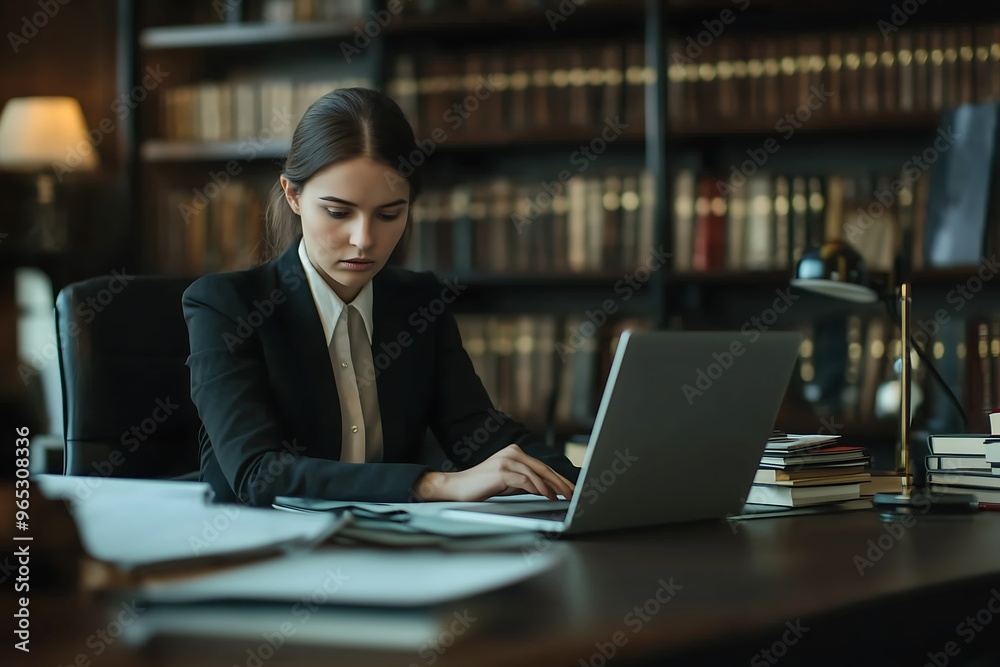 Fototapeta premium Focused Legal Professional Working on Laptop in Law Library