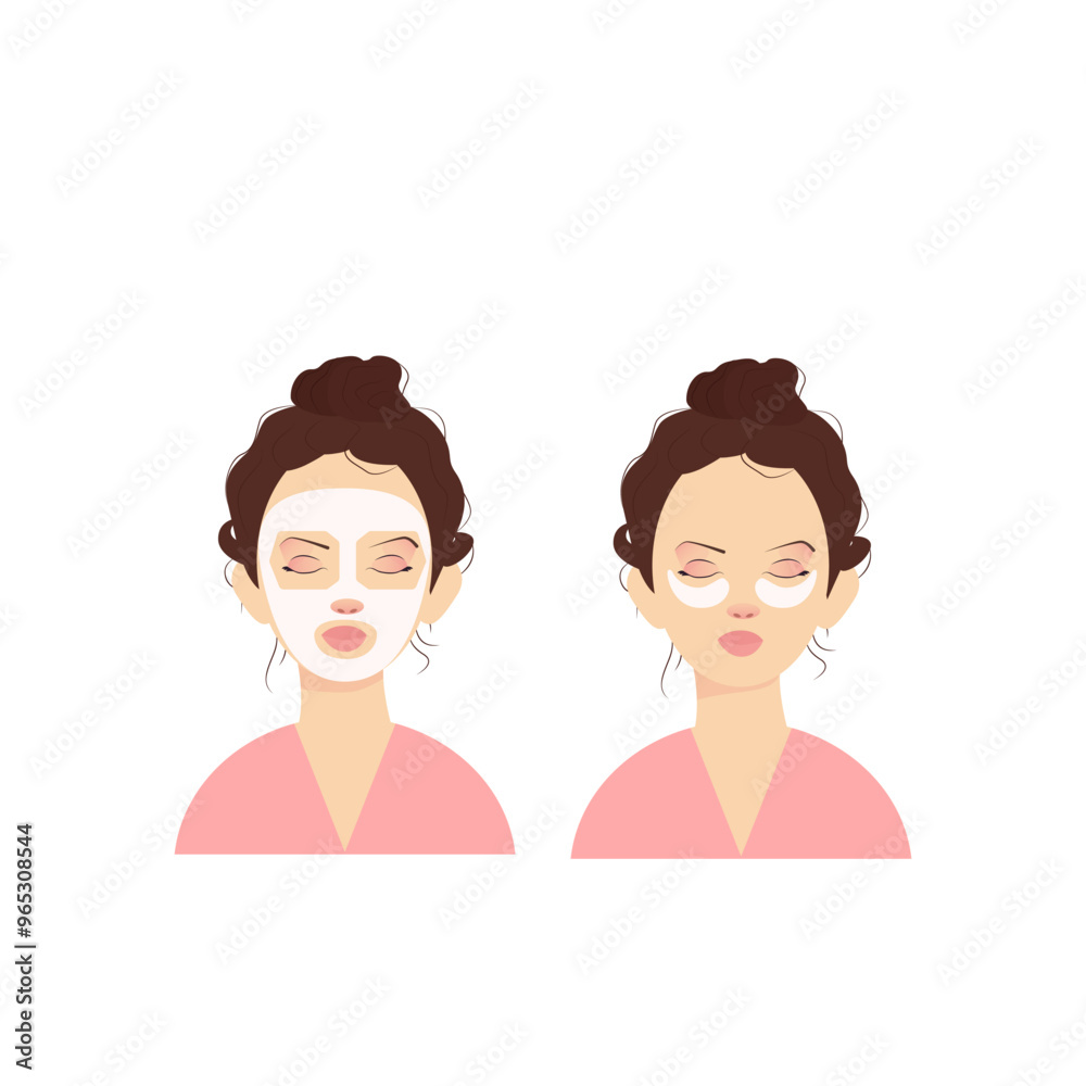 Set of women with eyes patch and face mask. Isolated, vector illustration. Cosmetics. Facial care Set of women with eyes patch and face mask. Isolated, vector illustration. Cosmetics. Facial care
