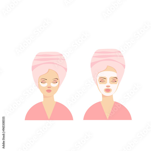 Set of women with eyes patch and face mask, with a towel on his head. Isolated, vector illustration. Cosmetics. Facial care
