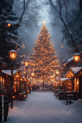 a christmas market with festive lights and market stands and a large festive decorated christmas tree in the middle photo