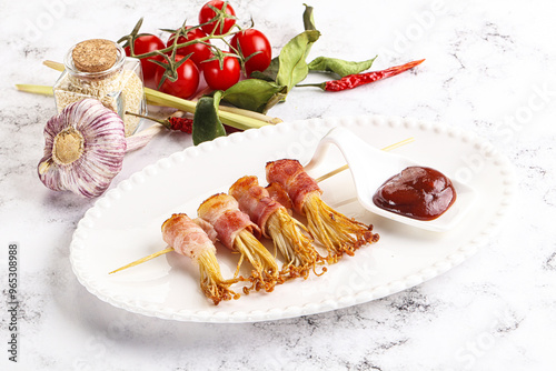 Grilled enoki mushroom with bacon photo