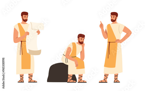 Vector illustration of a Roman. Cartoon scene of a man with different emotions and poses, dressed in a tunic with a belt, sandals:standing with a scroll of paper,sitting on a stone,with a raised hand.