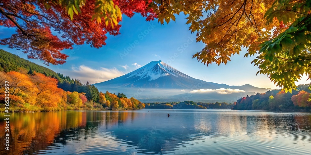 Fototapeta premium Autumn landscape showcases a breathtaking view of a serene lake nestled amidst a dense forest with the majestic Mount Fuji gracing the distant horizon, scenery, Japan, breathtaking, tranquil
