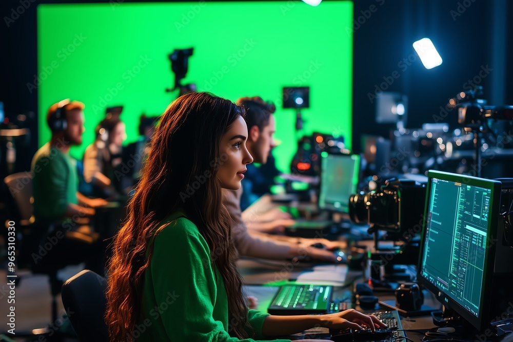 Media Professionals Editing and Collaborating in a High-Tech Green Screen Studio Media Professionals Editing and Collaborating in a High-Tech Green Screen Studio