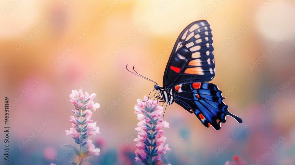 Butterfly on Pink Flowers in Soft Light. Butterfly on Pink Flowers in Soft Light.