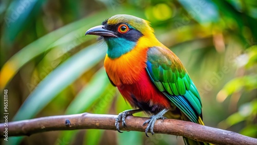 A brightly plumed tropical bird perches on a branch, its head cocked to the side, appearing to mock photo