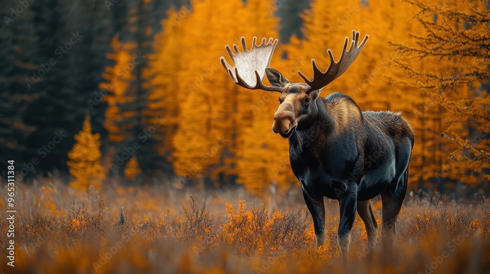 Timed Wildlife Photograph of a Moose in Autumn in the Alberta Mountains, Surrounded by Orange Trees, Captured in a Cinematic National Geographic Style, Full-Body Shot Timed Wildlife Photograph of a Moose in Autumn in the Alberta Mountains, Surrounded by Orange Trees, Captured in a Cinematic National Geographic Style, Full-Body Shot