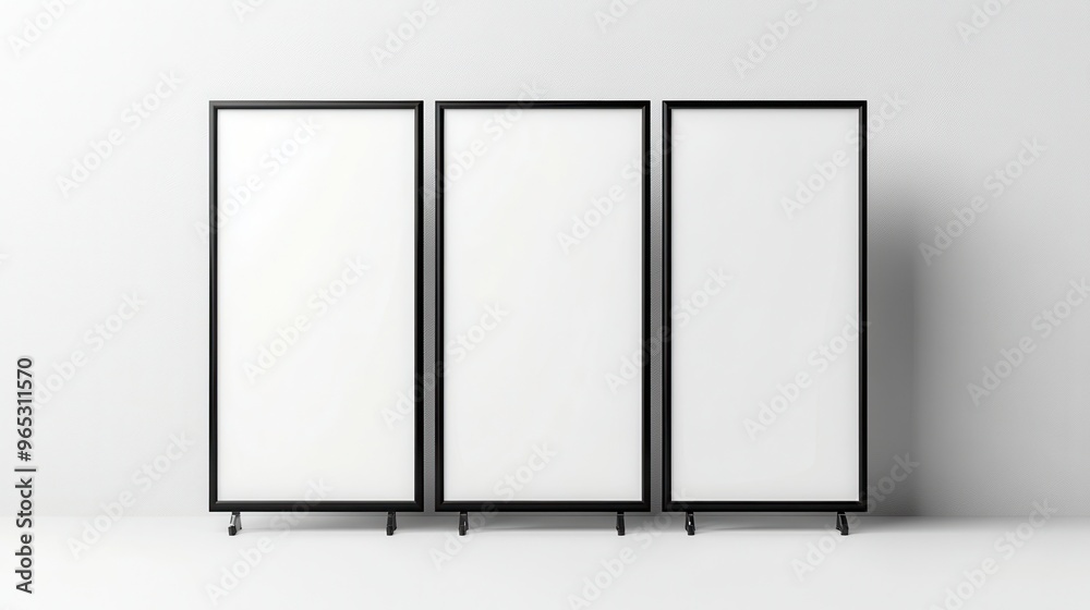 Minimalist showcase featuring three blank frames, perfect for displaying artwork or presentations in a modern setting. Minimalist showcase featuring three blank frames, perfect for displaying artwork or presentations in a modern setting.