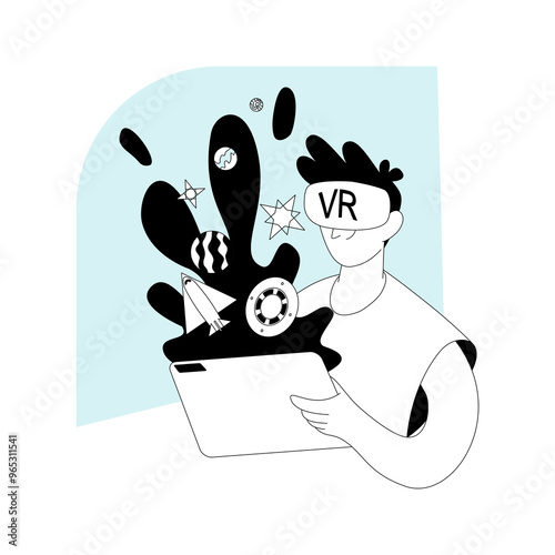 A person is using VR to experience various forms of entertainment through a tablet, in a futuristic setting, representing technology, education, and entertainment.