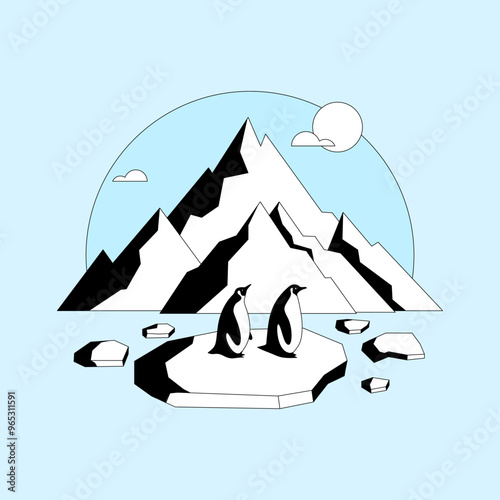 Antarctica, or a part of the ancient supercontinent Gondwana, depicted with two penguins in a flat design style.