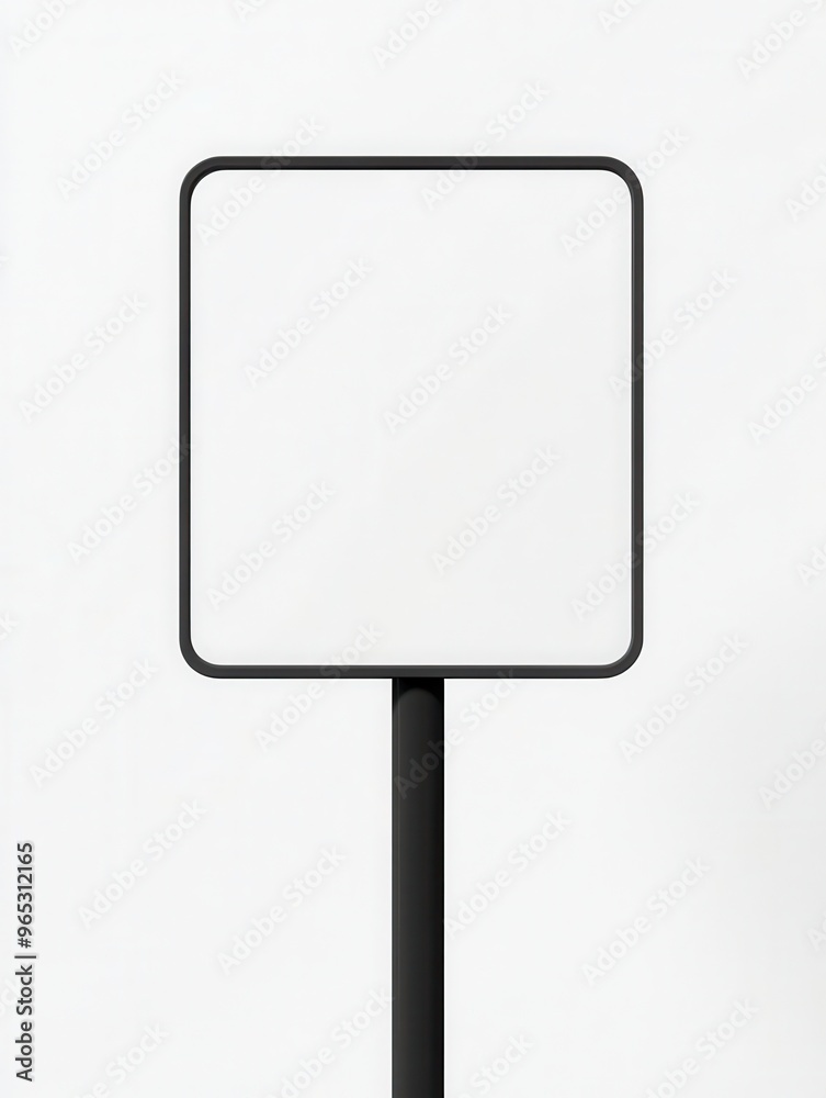 A minimalist blank sign on a black pole against a white background, perfect for customizable messaging or advertising. A minimalist blank sign on a black pole against a white background, perfect for customizable messaging or advertising.