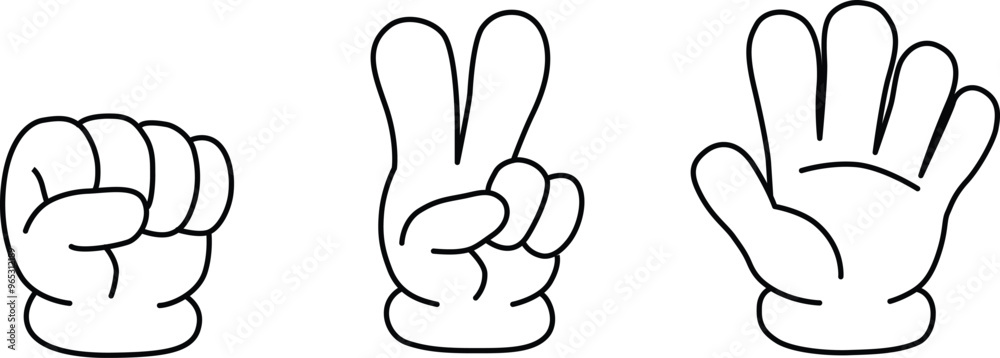 Rock, scissors, paper hand gesture icon set. Line drawing. Vector illustration Rock, scissors, paper hand gesture icon set. Line drawing. Vector illustration