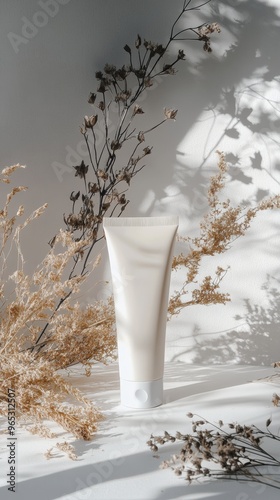 Minimalist skincare cream tube with dried floral arrangement on a clean, neutral background photo