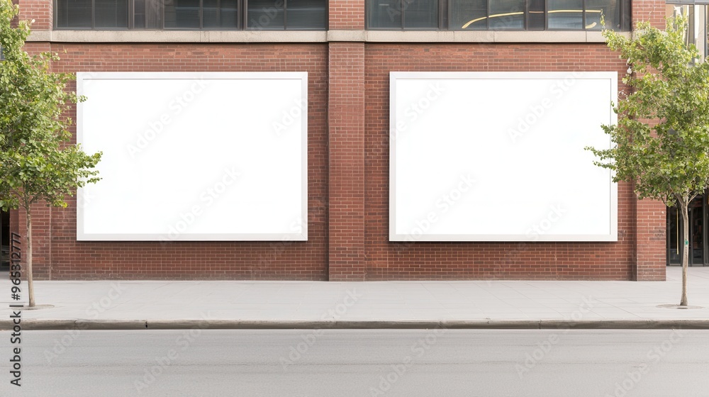 Empty billboards on a brick wall, perfect for advertising or promotional designs in an urban setting. Empty billboards on a brick wall, perfect for advertising or promotional designs in an urban setting.