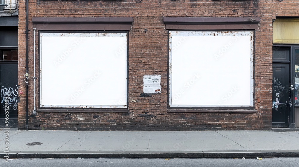 Empty storefront with blank signs on a brick wall, ideal for advertising or urban photography projects. Empty storefront with blank signs on a brick wall, ideal for advertising or urban photography projects.