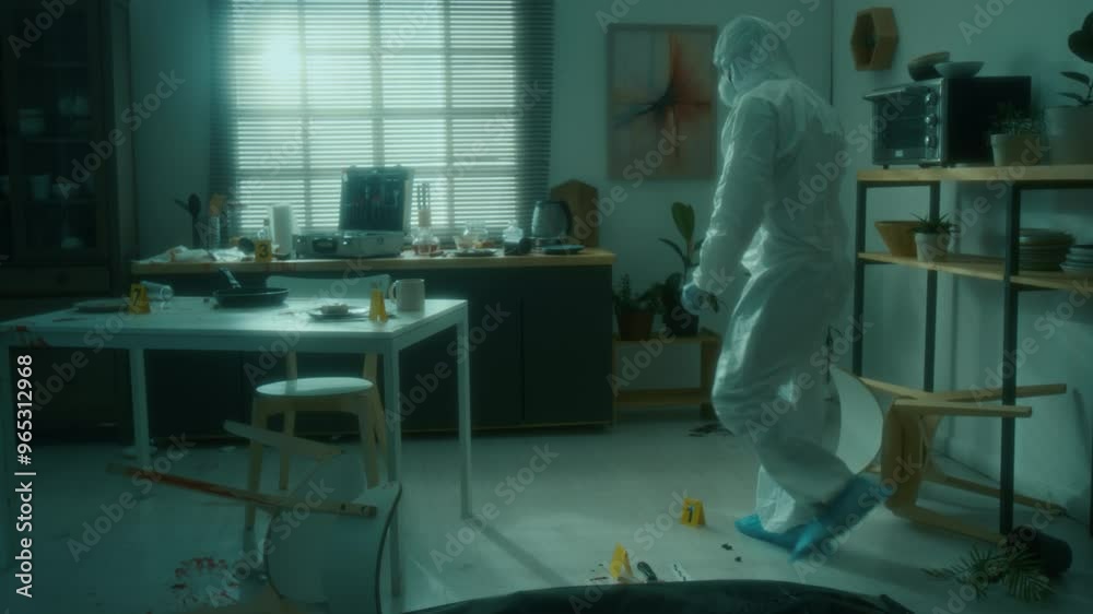 Criminalist in protective coveralls, mask and gloves zipping body bag then walking to case with tools while working at crime scene in dark apartment Criminalist in protective coveralls, mask and gloves zipping body bag then walking to case with tools while working at crime scene in dark apartment