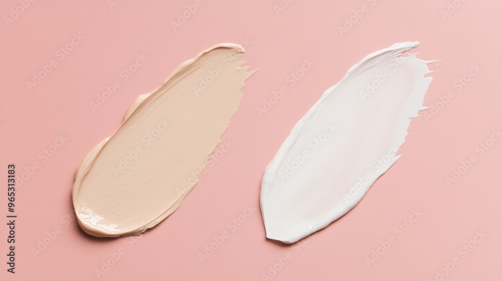 Fototapeta premium two swatches of a cream or lotion on a smooth, pastel pink background. Both swatches appear to be different textures of a skincare product, likely to demonstrate the consistency and finish of the prod