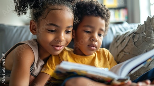 The sister and brother smile as they laugh together while reading an engaging story.