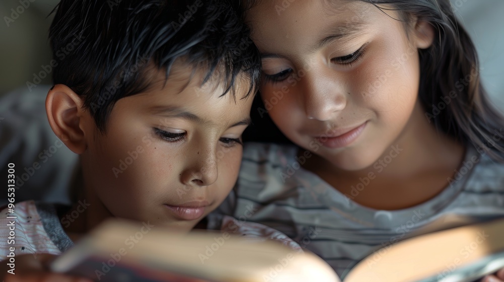 The brother and sister relax together, deeply involved in the world of their book. The brother and sister relax together, deeply involved in the world of their book.