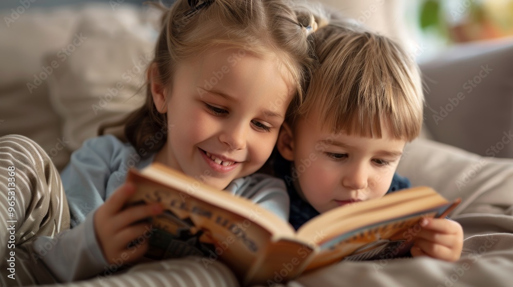 Siblings are snuggled up in a chair, bonding over their favorite book on a quiet day. Siblings are snuggled up in a chair, bonding over their favorite book on a quiet day.