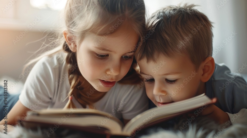 Two siblings are discovering new worlds as they read a book in their playroom. Two siblings are discovering new worlds as they read a book in their playroom.