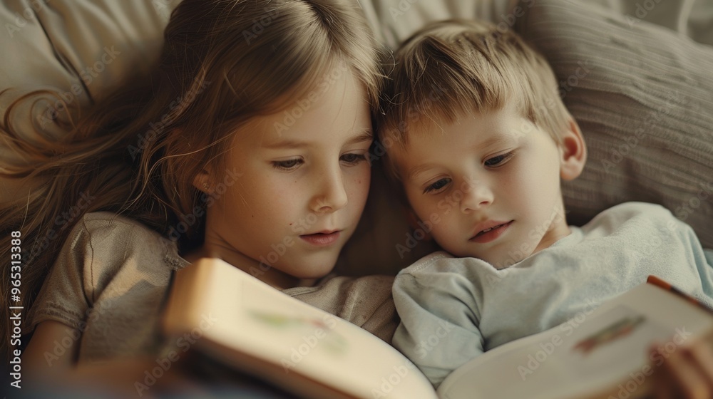 The siblings' faces light up as they read an enchanting tale in their living room. The siblings' faces light up as they read an enchanting tale in their living room.