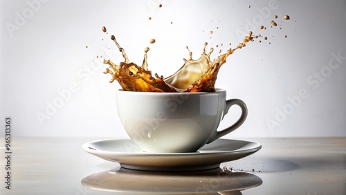 close-up, white, concept, drink, worm's eye view, beverage, brown, object, morning routine, A white coffee cup with a splash of coffee on top of it seen from a low angle perspective