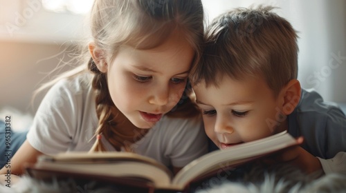 Two siblings are discovering new worlds as they read a book in their playroom.