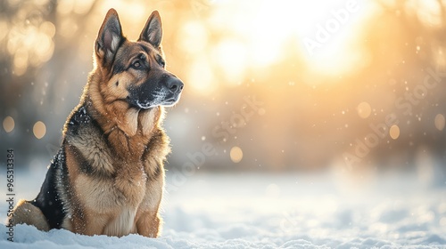 German Shepherd Dog Sitting in Snow with Warm Sunlight.